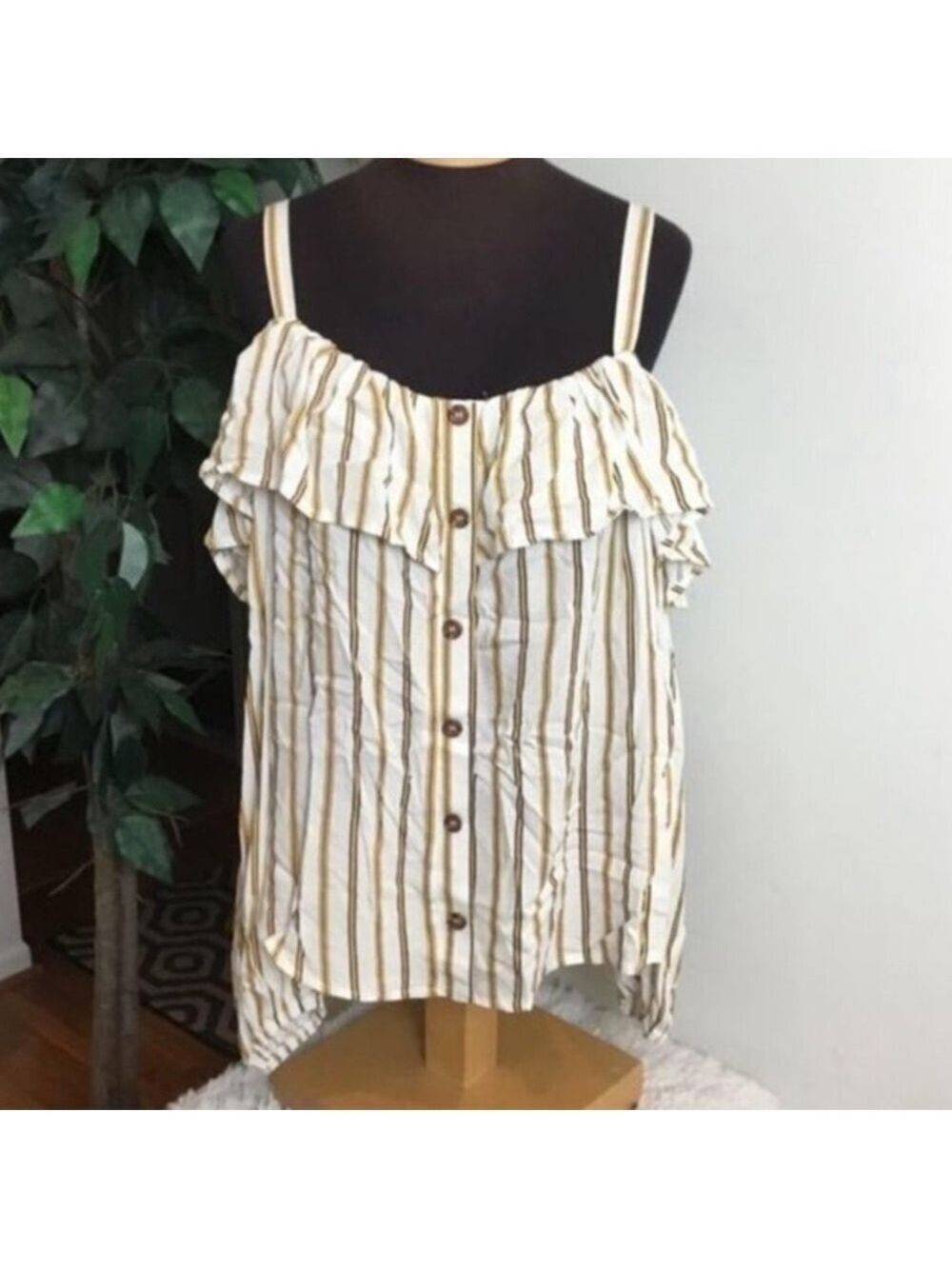 Maurices Striped Ruffle Button-Front Off-Shoulder Top NWT Size Small